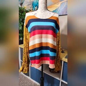Umgee Oversized Small Sweater Striped Lace Sleeves Knit